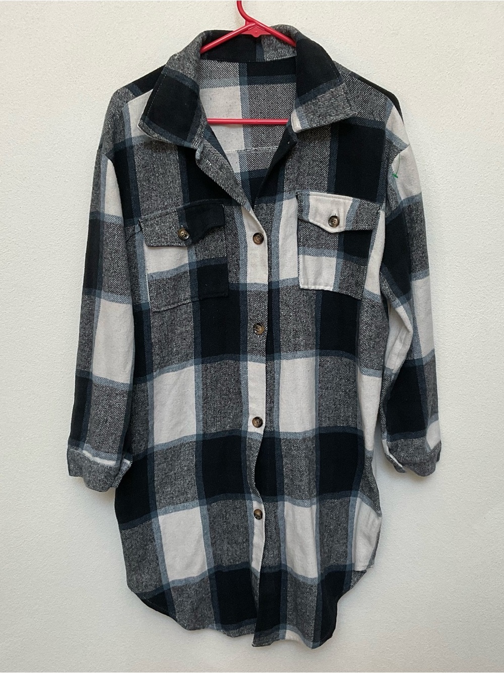 Blue, Grey, White Plaid Button Down Flannel Tunic Top Size XL Fall Winter